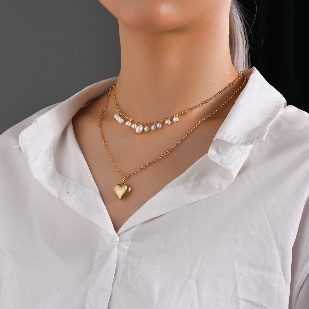 Women's Tassel Pearl Love Pendant Double Layer Necklaces