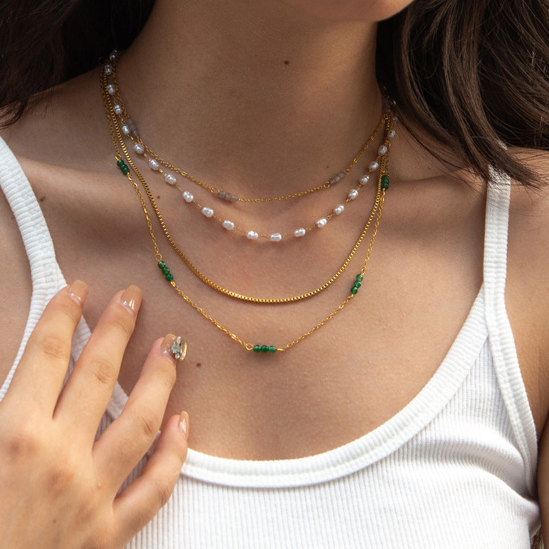 Colliers à chaîne de pull double en acier et perles