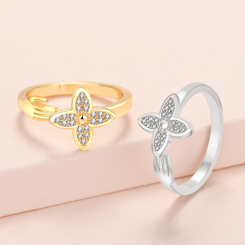 Small Hand Four-leaf Clover Zircon Opening Rings