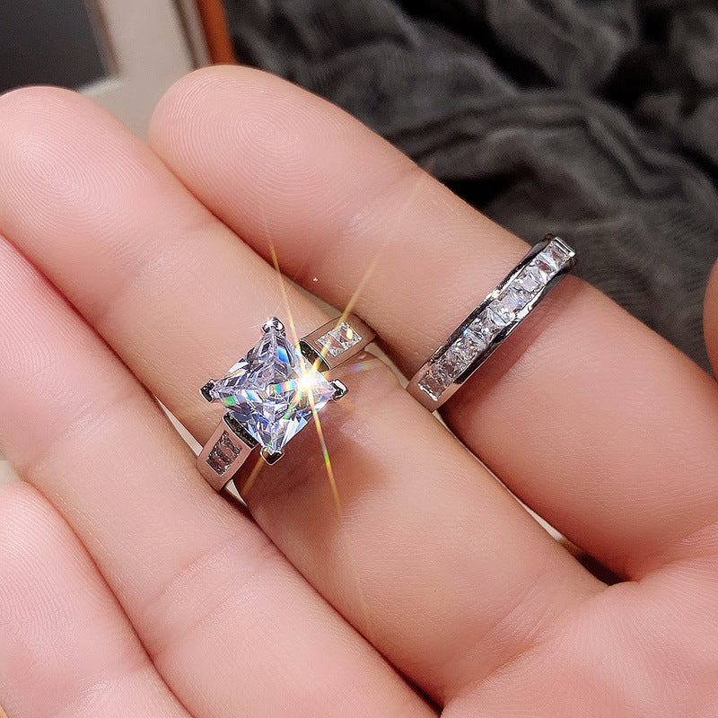 Women's Shi Square Diamond Zircon Couple Set Rings