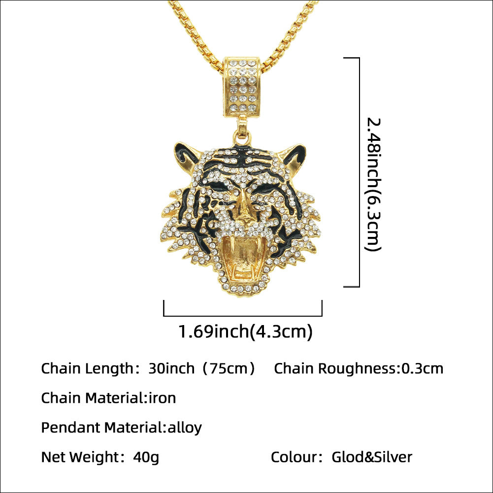 Colliers avec pendentif tête de tigre tridimensionnelle en diamant pour femmes, hommes et diamants
