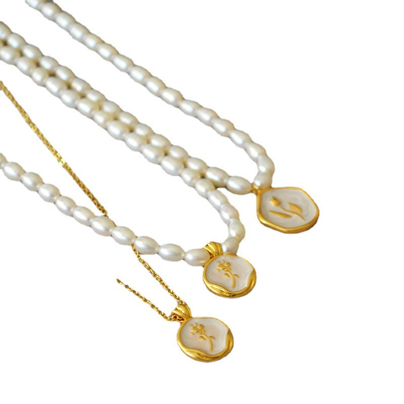 Colliers français élégants en perles d'émail blanc, Vintage, pièces de monnaie en or Rose