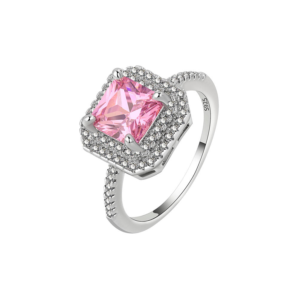 Women's Live Sier-plated Pink Color Simulation Diamond Rings