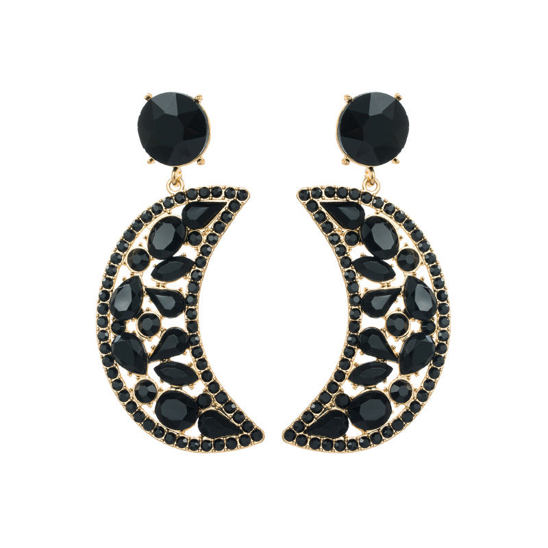 Crescent-shaped Alloy Colorful Crystals Eardrops Moon Earrings