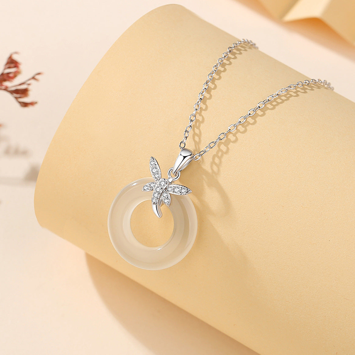 Women's Sier White Jade Peace Buckle National Fashion Chinese Butterfly Necklaces