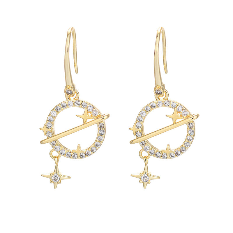 Damen-Ohrhaken mit Volldiamant, Planet, trendig, einzigartig, elegant