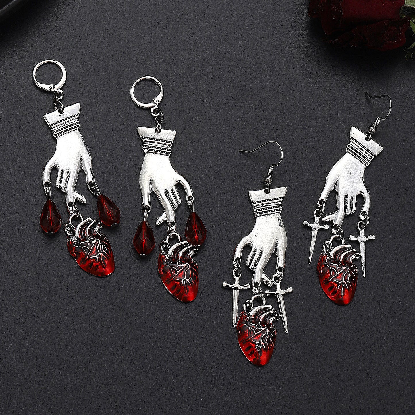 Gothic Dark Blood Drop Heart Palm Female Style Earrings