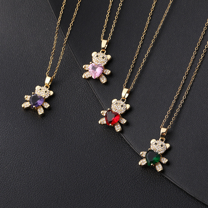 Copper Micro Inlaid Zircon Ornament Cute Heart Bear Pendant Necklaces