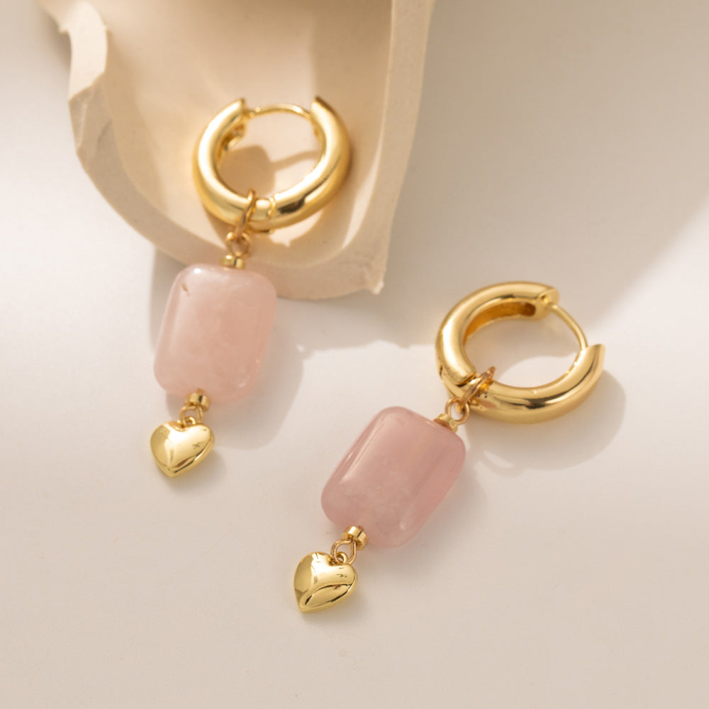 Natural Stone Stitching Peach Heart Eardrops Earrings