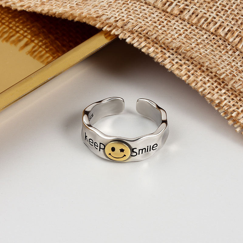 Retro Distressed Smiley Face Smile Letter Personality Rings