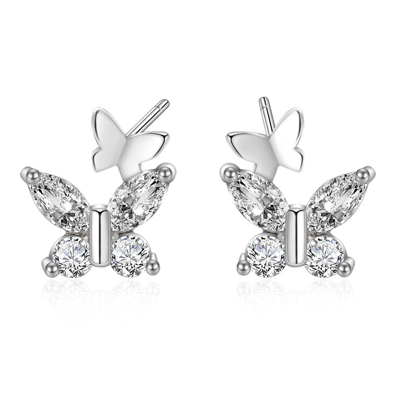 Sier Simple Fresh Zircon Double Butterfly Earrings
