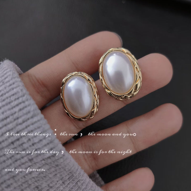 Needle Retro Style Fashion Square Pearl Oval Exquisite Earrings