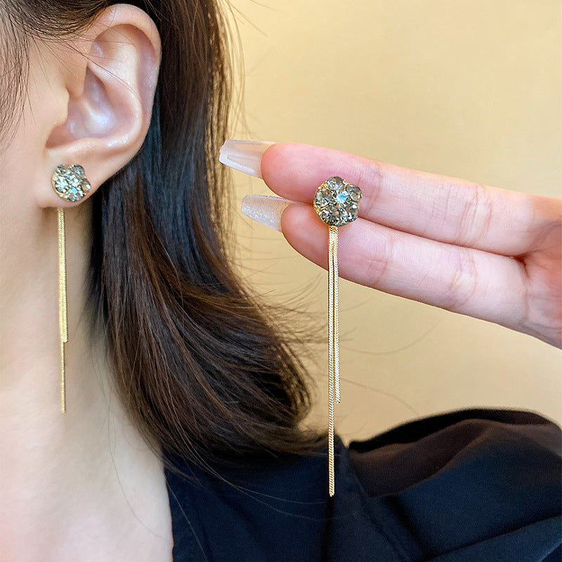 Sier Needle Shiny Diamond Ear Tassel Long Earrings