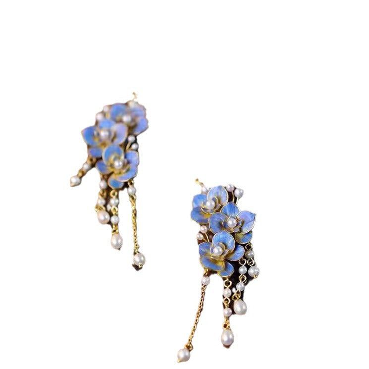 Flower Silk Imitation Burnt Blue Pearl Butterfly Earrings
