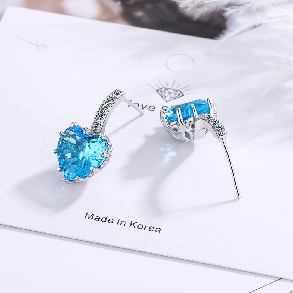 Women's Fashion Zircon Sea Blue Love Heart Earrings