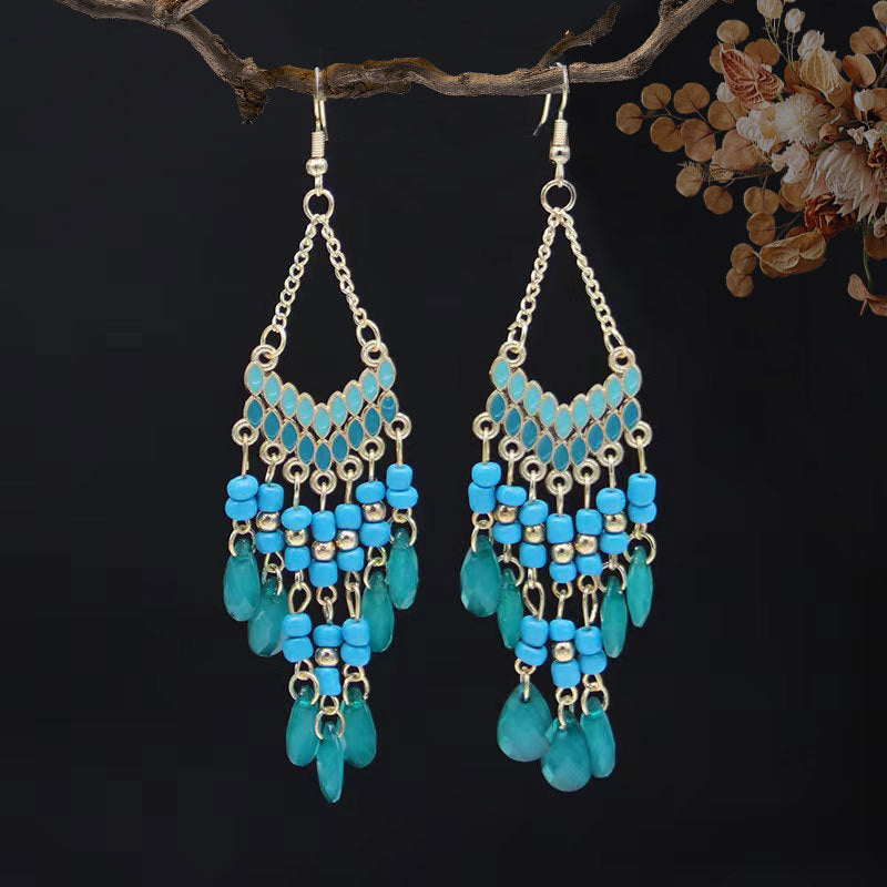 Ethnic Style High-grade Long Beaded Drop Tassel Bohemian Earrings