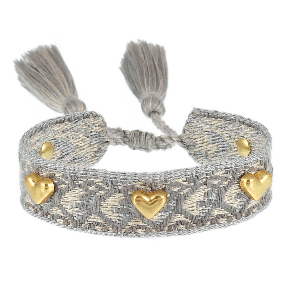 Couple Golden Heart-shaped Carrying Strap Hand-woven Tassel Bracelets
