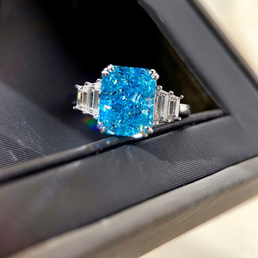 Women's Shi Square Sea Blue Zircon Light Luxury Rings
