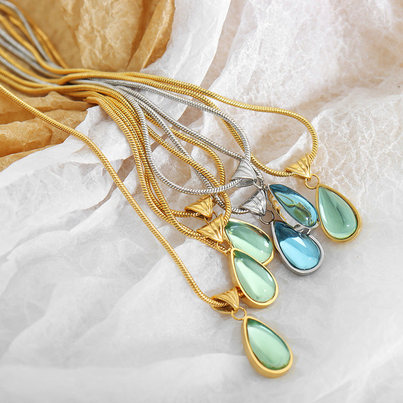 Colliers rétro pour femmes, pendentif goutte d'eau, vert Olive, bleu