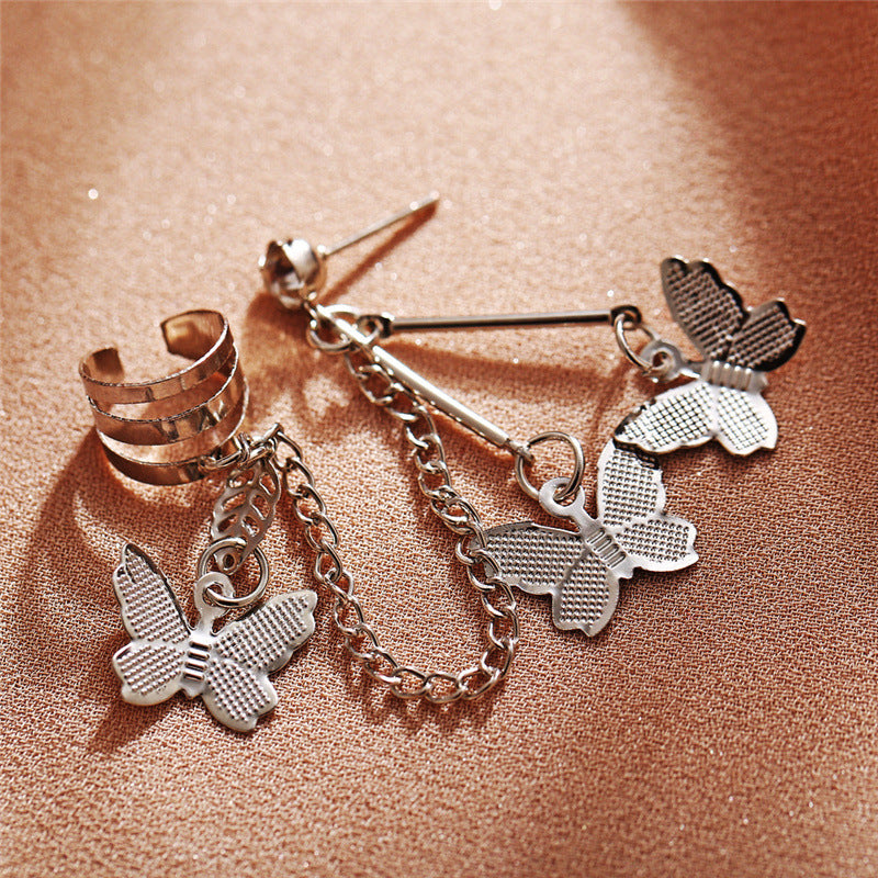 Women's Cool Style Butterfly Ear Clip Fairy Temperamental Long Chain Earrings