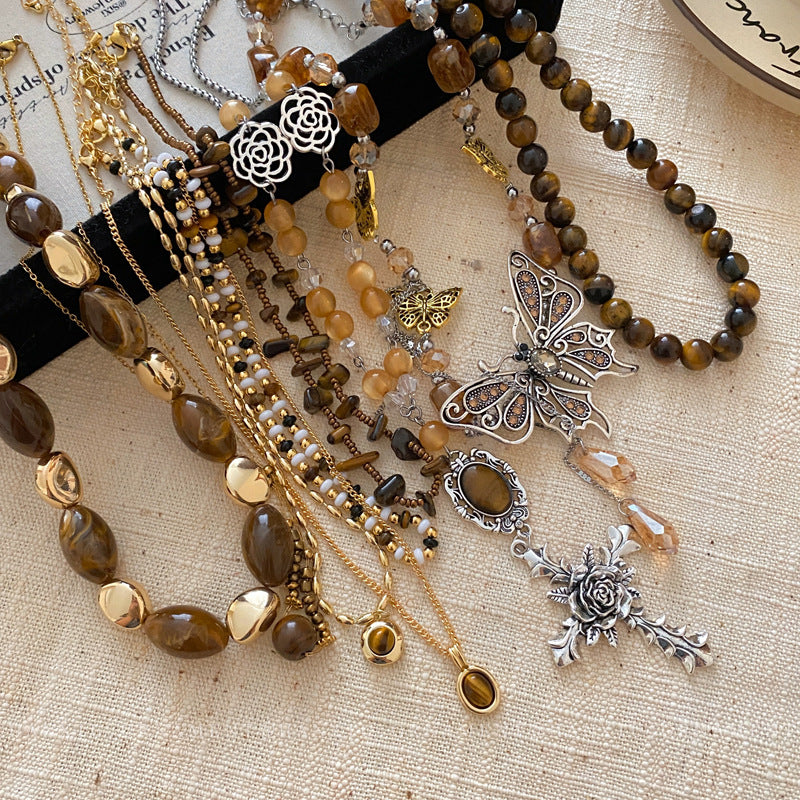 Colliers de pull en perles rétro chinois pour femmes, série Tigereye papillon