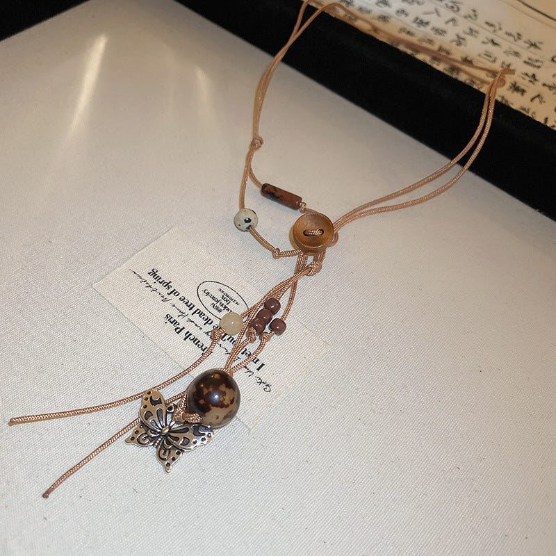 Colliers de pull en perles rétro chinois pour femmes, série Tigereye papillon