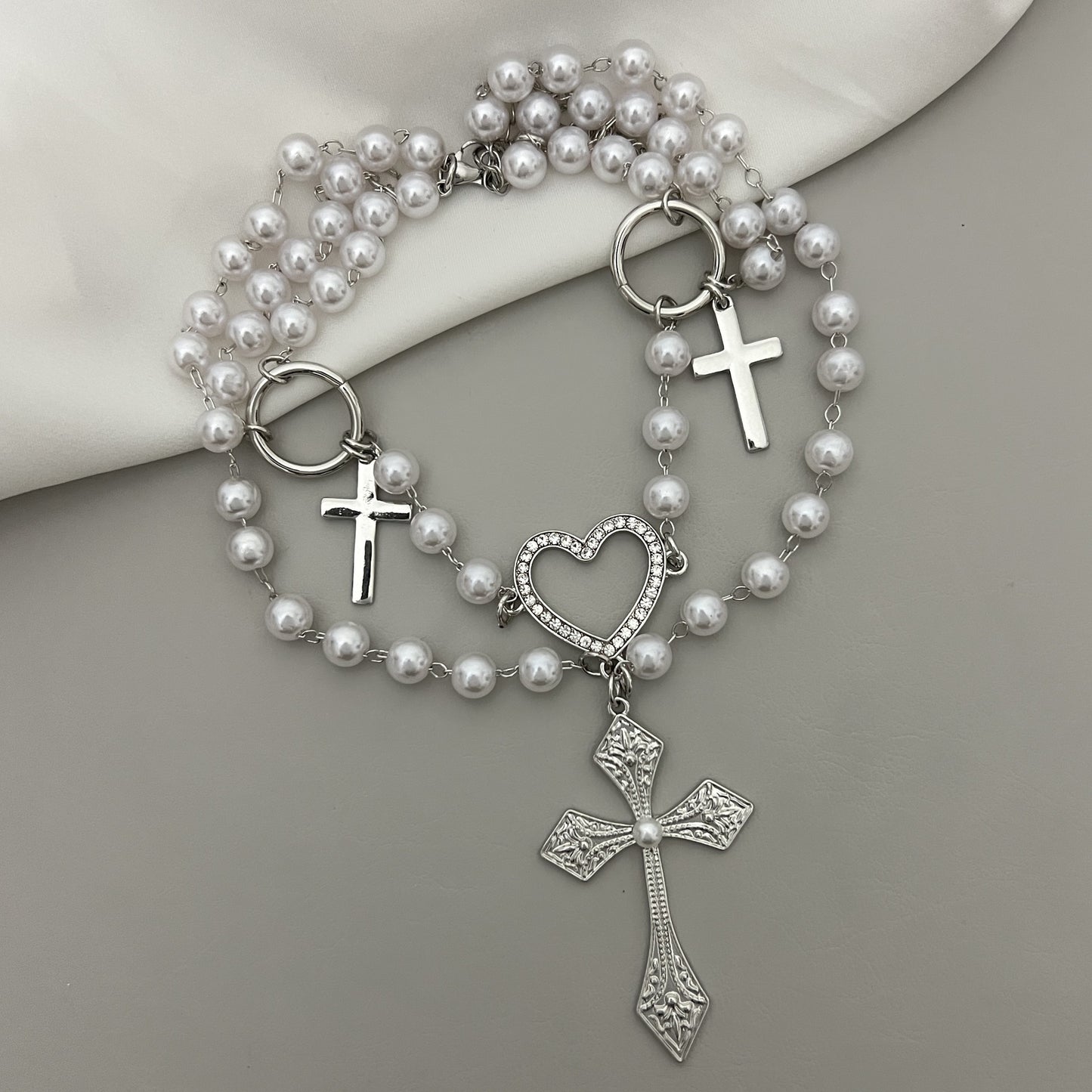 Women's Ya Twin Stringed Pearls Cross Clavicle Necklaces