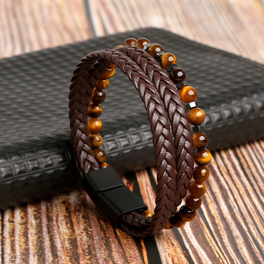 Handgefertigte, gewebte Tigerauge-Armbänder aus Natursteinlegierung für Herren