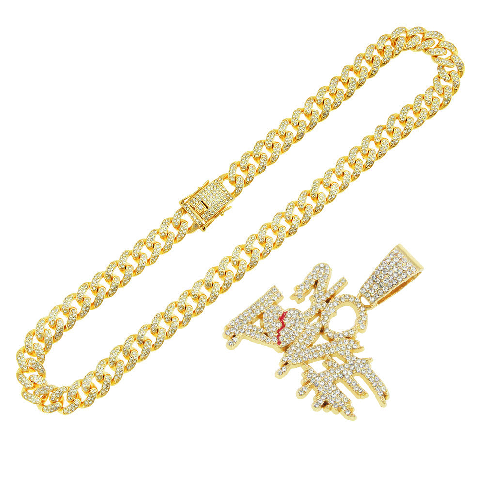 Creative Full Diamond Letter Broken Heart Stitching Necklaces