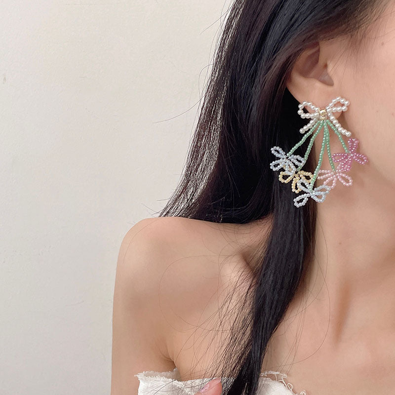 Women's Summer Contrast Color Flower Tassel Beaded Niche Earrings
