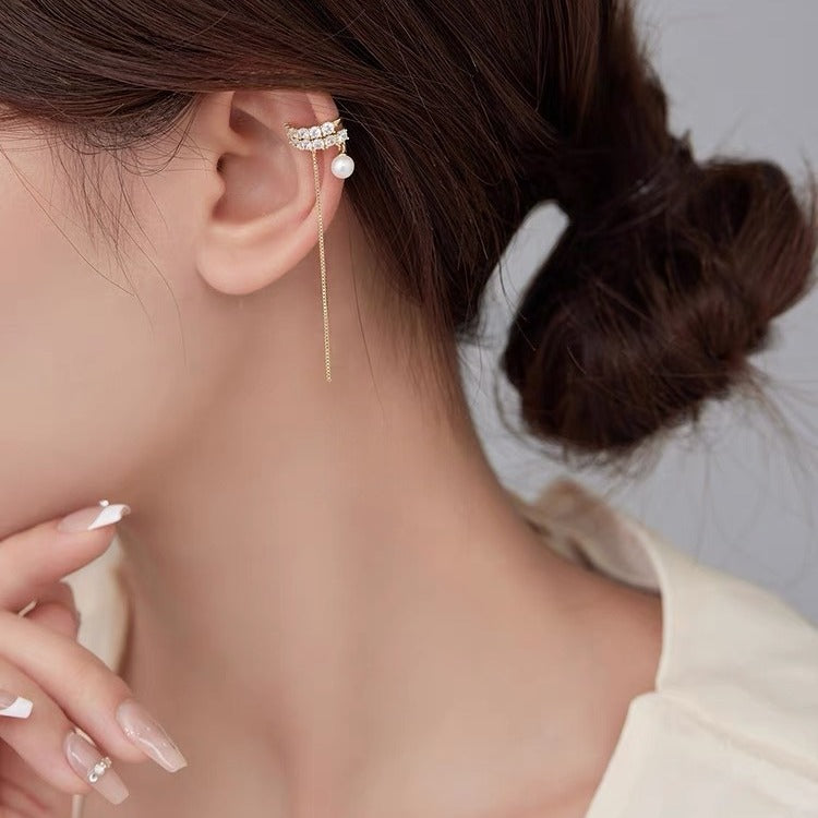 Cool Style One-piece Long Chain Tassel Pearl Graceful Personality Ear Clip