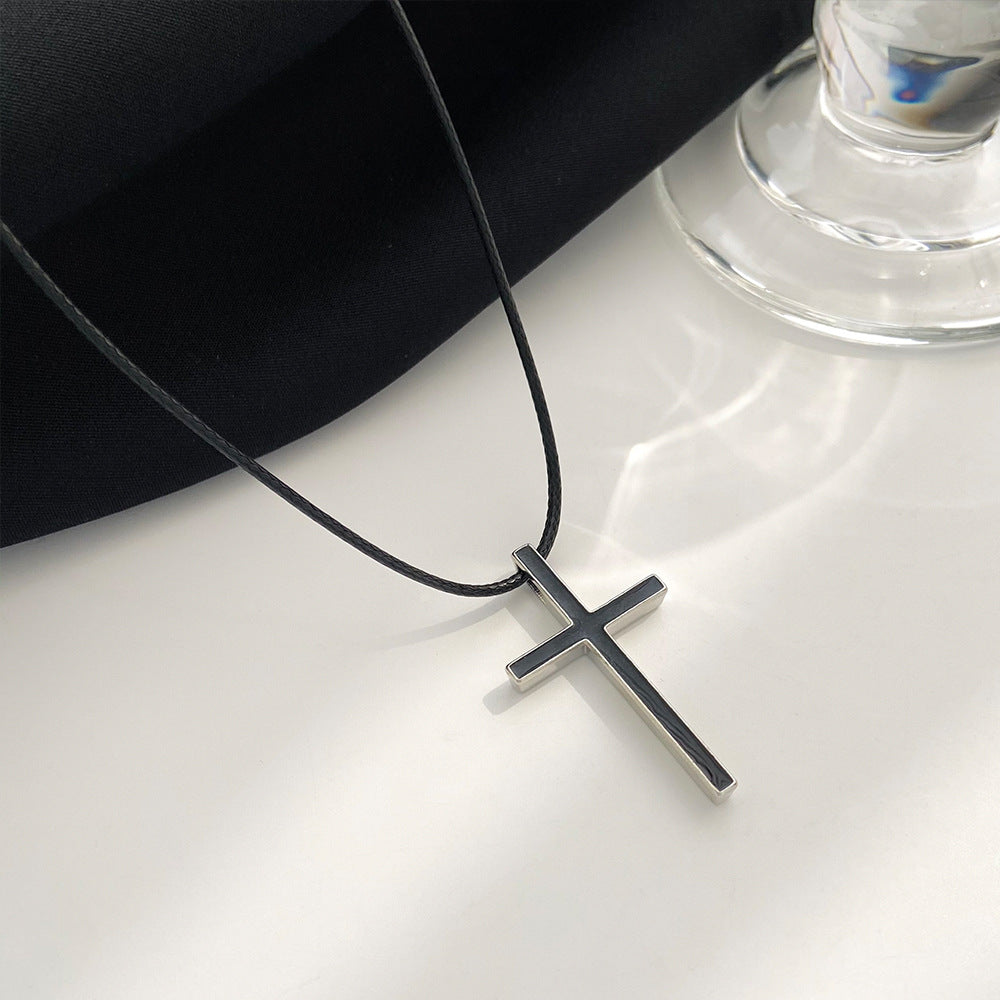 Women's & Men's & Simple Leather Rope Chain Oil Dripping Black Steel Edge Necklaces