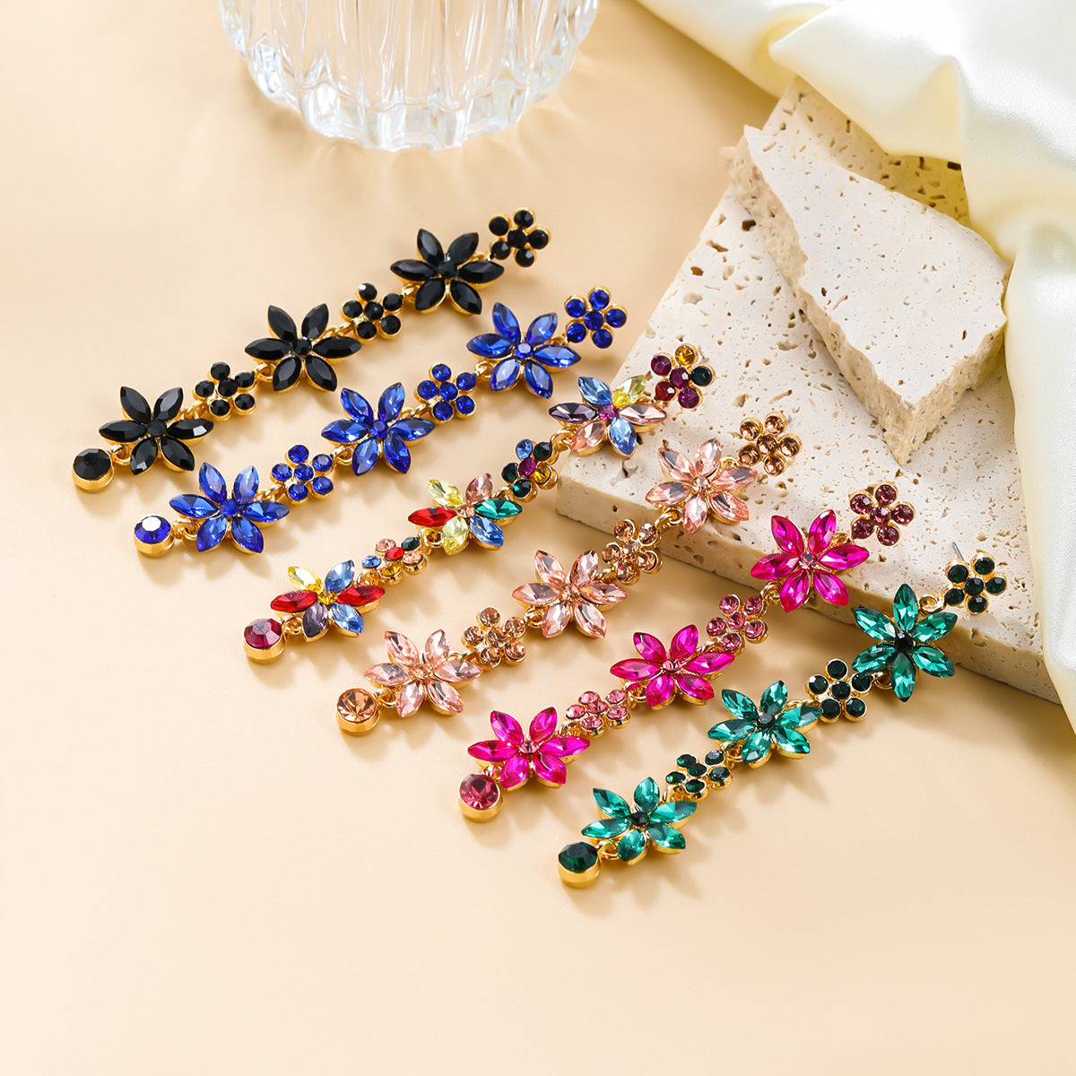 Women's Stylish Colored Diamond Flower Elegant Alloy Earrings