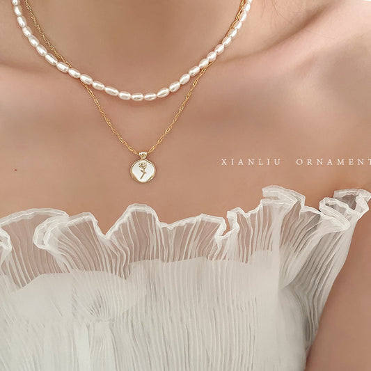 Colliers de clavicule sauvage de tempérament féminin Twin Pearl