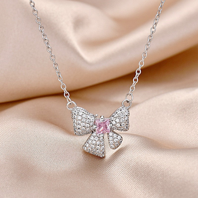 Pink Zircon Pendant Full Diamond Bow Fashion Necklaces