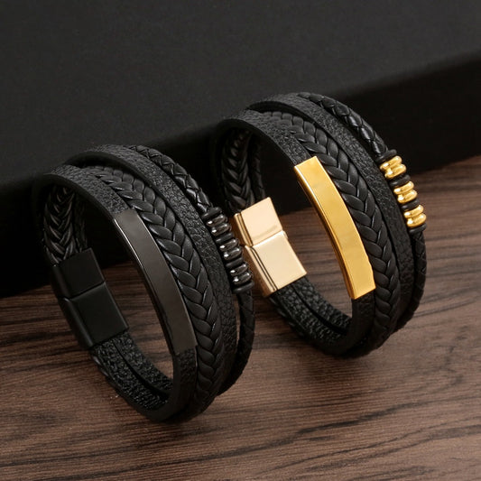 Men's Steel Magnetic Buckle Leather Cowhide String Bracelets