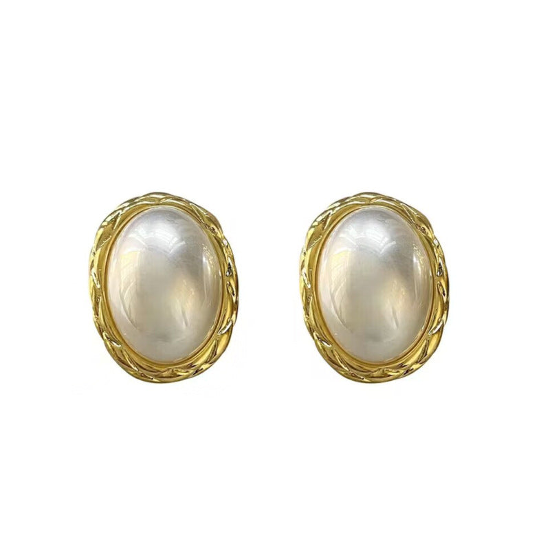 Needle Retro Style Fashion Square Pearl Oval Exquisite Earrings