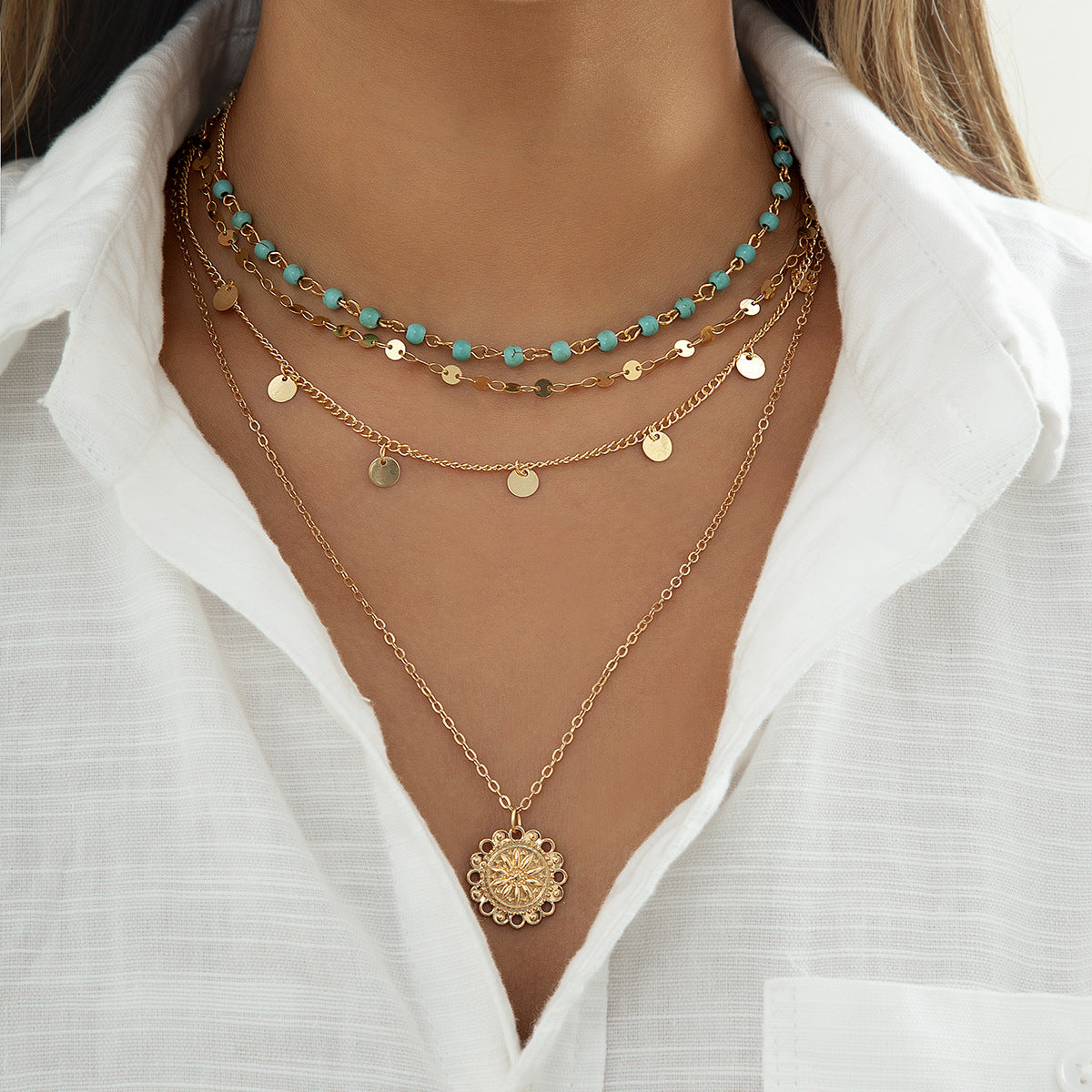 Pendentif disque de fleur en perles turquoise pour femmes, pour colliers capricieux Vintage