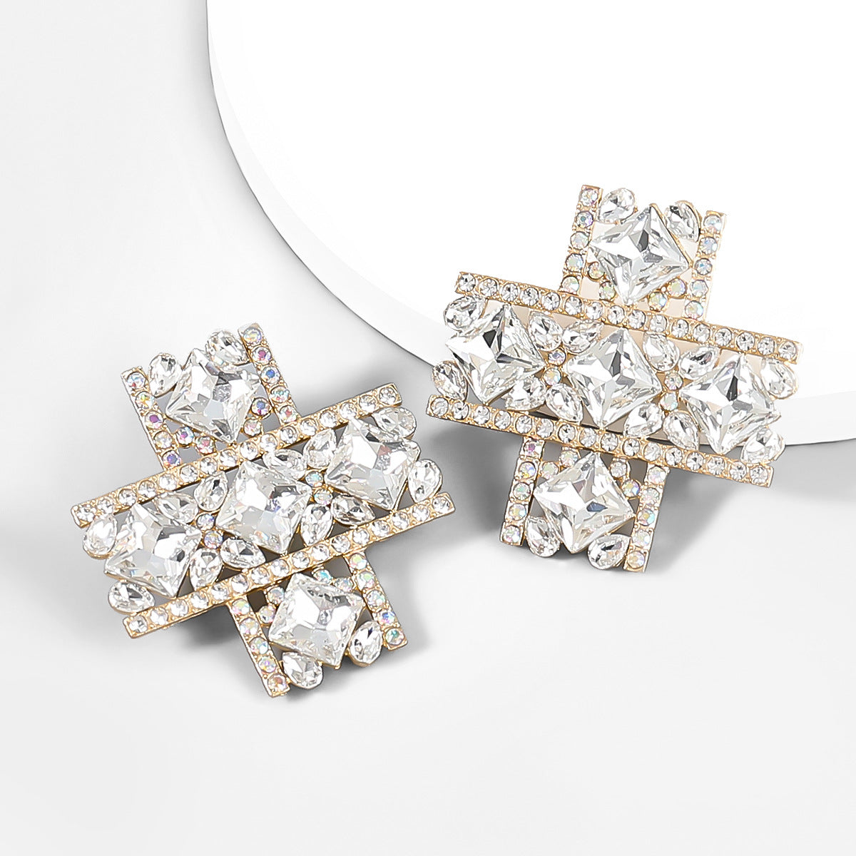 Alloy Diamond Rhinestone Glass Drill Cross Earrings
