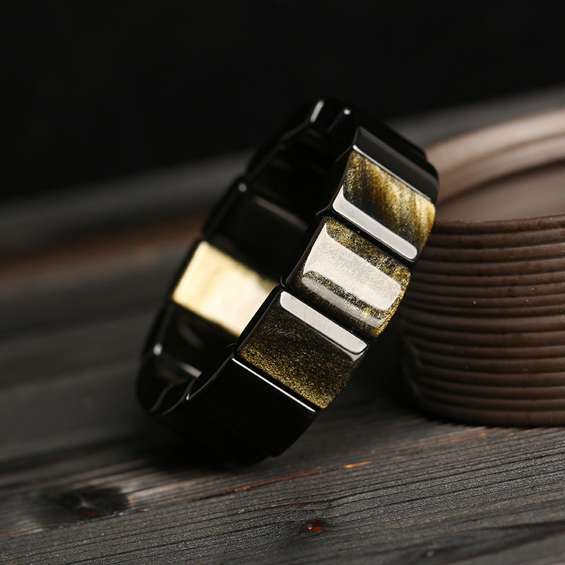 Bracelets manuels en cristal noir pour femmes, hommes et obsidienne, or