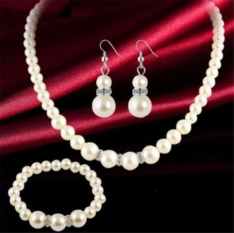 Classy Pearl Diamond Crystal Batch Three-piece Jewelry Set