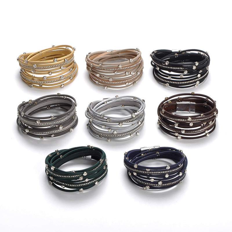 Classy Cool Leather Magnetic Buckle Diamond Bracelets