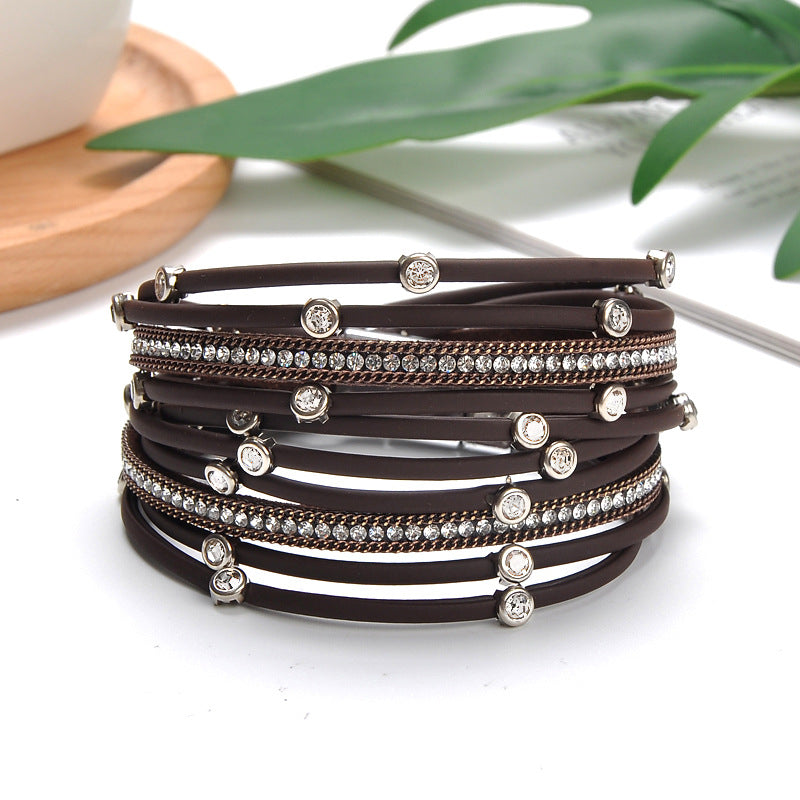 Classy Cool Leather Magnetic Buckle Diamond Bracelets