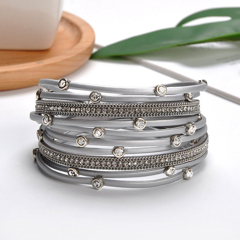 Classy Cool Leather Magnetic Buckle Diamond Bracelets