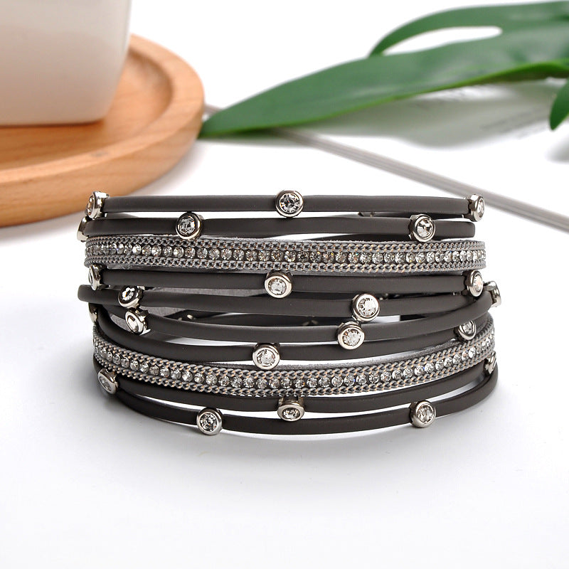 Classy Cool Leather Magnetic Buckle Diamond Bracelets