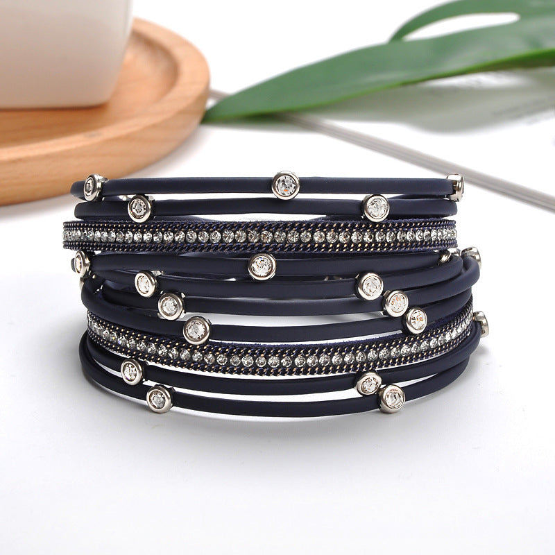 Classy Cool Leather Magnetic Buckle Diamond Bracelets