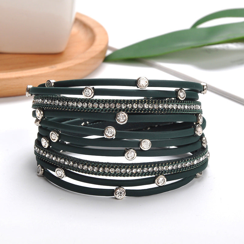 Classy Cool Leather Magnetic Buckle Diamond Bracelets