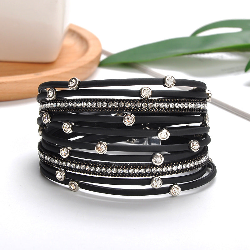 Classy Cool Leather Magnetic Buckle Diamond Bracelets