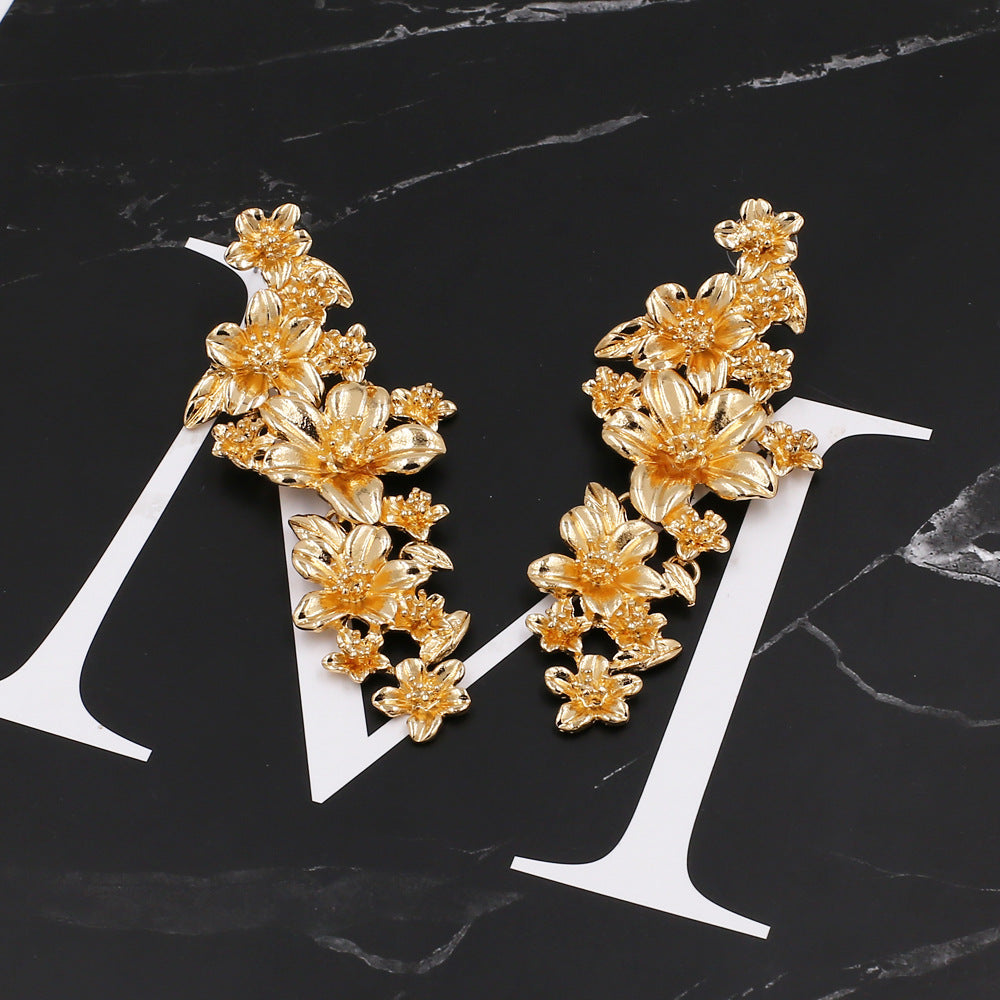 Luxury Metal Flower Stitching Floral Long Earrings