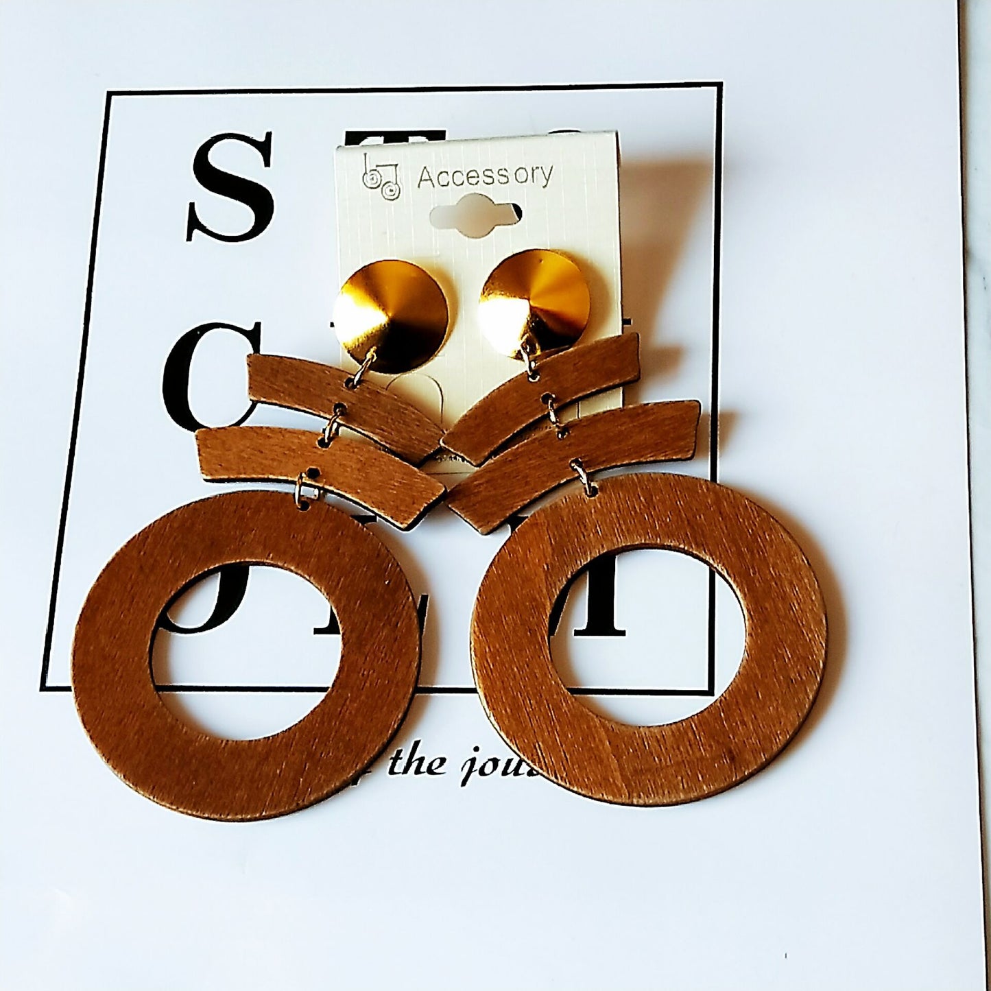 Series Stitching Pattern Geometric Round Wooden Fashion Wood Eardrops Rings